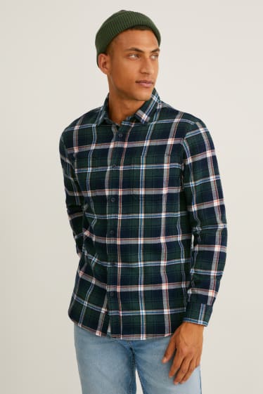 Men - Flannel shirt - regular fit - Kent collar - check - dark green / cremewhite