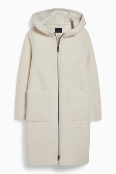 Women - Teddy fur coat with hood - cremewhite