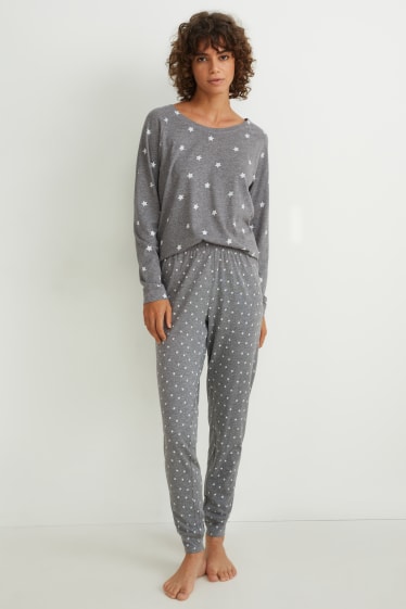 Damen - Pyjama - gemustert - grau-melange