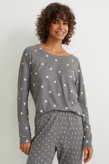 Damen - Pyjama - gemustert - grau-melange