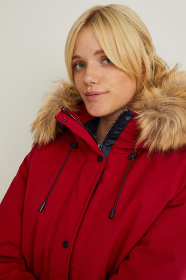 Donna - Parka con cappuccio e riporto di ecopelliccia - inverno - rosso