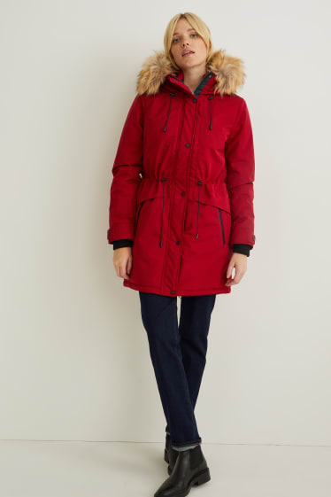 Femmes - Parka à capuche et garniture d'imitation fourrure - hiver - rouge