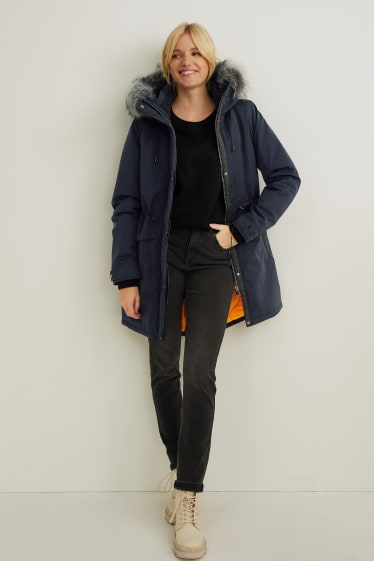 Donna - Parka con cappuccio e riporto di ecopelliccia - inverno - blu scuro