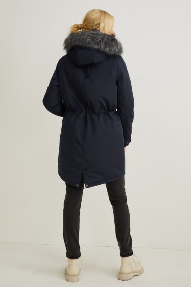 Donna - Parka con cappuccio e riporto di ecopelliccia - inverno - blu scuro
