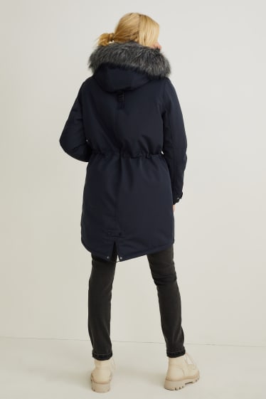 Dames - Parka met capuchon en imitatiebontrandje - winter - donkerblauw