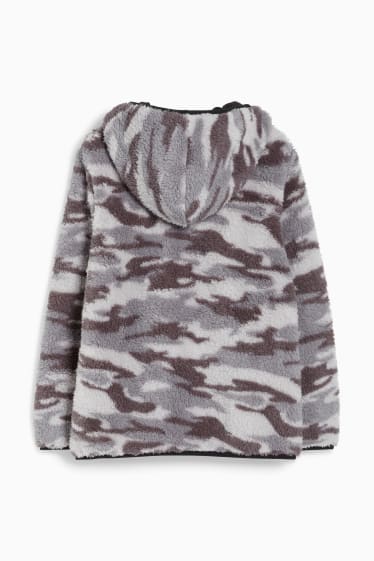 Enfants - Veste en peluche à capuche - à motif - gris chiné