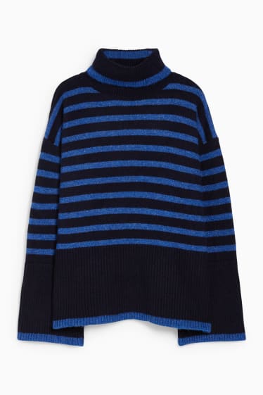 Women - Polo neck jumper - striped - dark blue