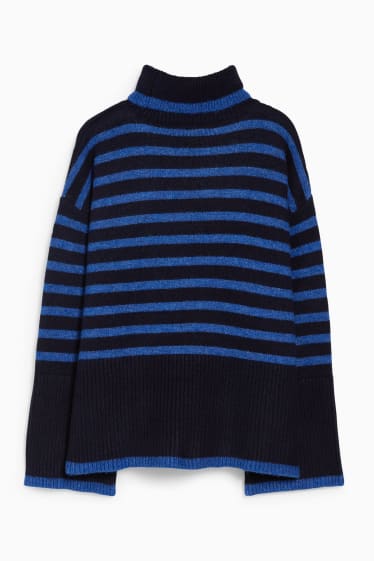 Women - Polo neck jumper - striped - dark blue