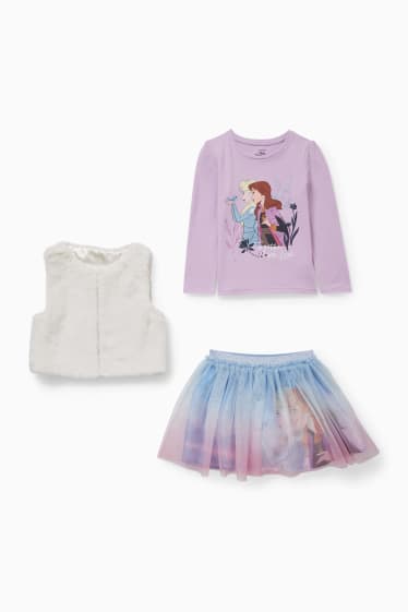 Copii - Frozen - set - tricou cu mânecă lungă, vestă și fustă - violet deschis