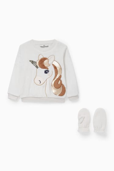 Copii - Fete - Unicorn - set - bluză de molton și mănuși cu un deget - 2 piese - alb-crem