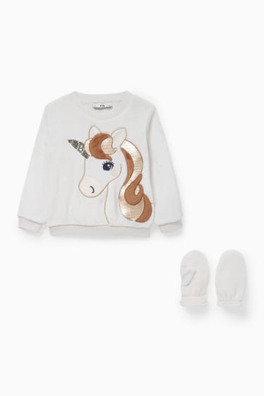 Kinder - Einhorn - Set - Sweatshirt und Fäustlinge - 2 teilig - cremeweiß