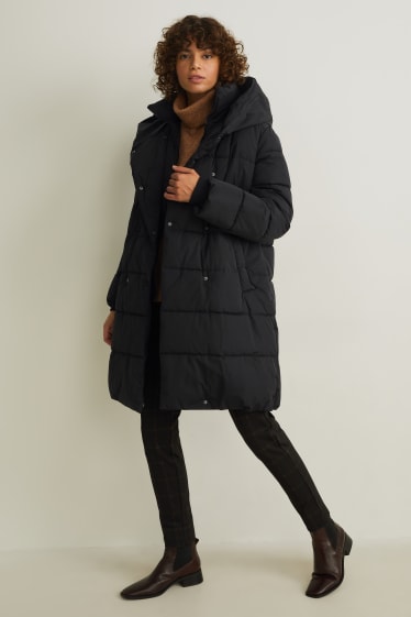 Dames - Gewatteerde jas met capuchon - zwart