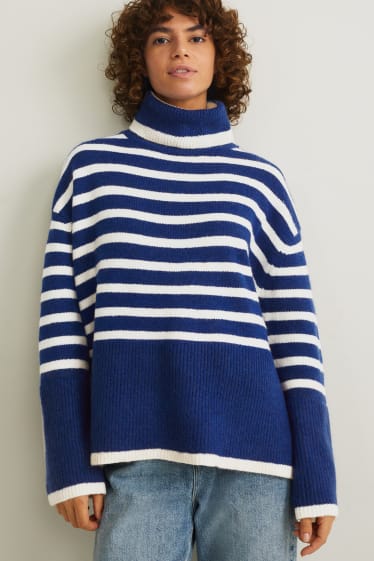 Femmes - Pullover à col roulé - à rayures - bleu foncé / blanc