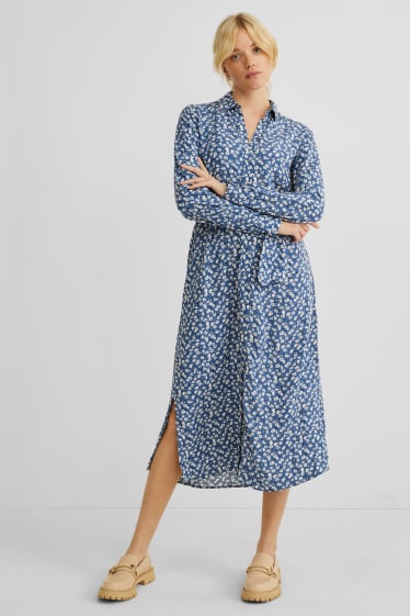 Femmes - Robe - à fleurs - bleu foncé / blanc