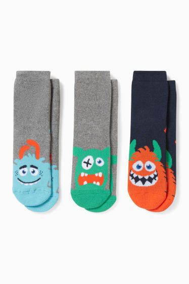 Niños - Pack de 3 - monstruos - calcetines antideslizantes con dibujo - azul oscuro
