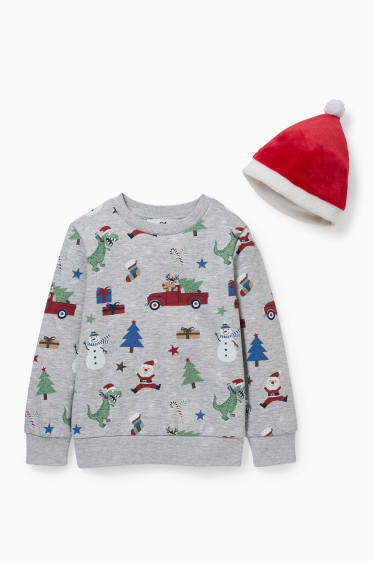 Kinderen - Set - kerstsweatshirt en muts - 2-delig - licht grijs-mix