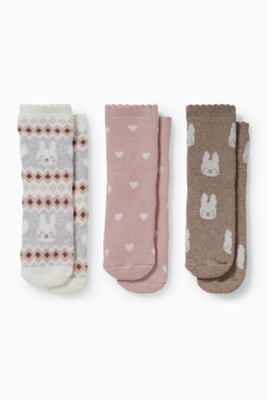Bébés - Lot de 3 paires - petits lapins - chaussettes antidérapantes à motif pour bébé - blanc / rose