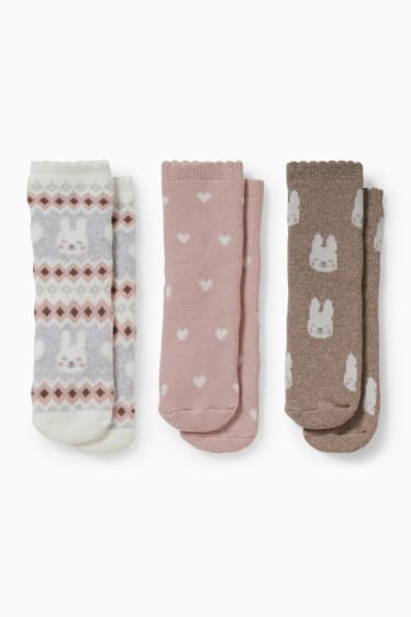Bébés filles - Lot de 3 paires - petits lapins - chaussettes antidérapantes à motif pour bébé - blanc / rose