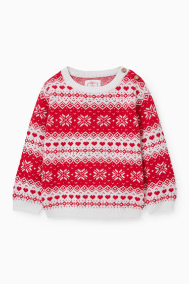 Babys - Baby-Pullover - gemustert - weiss / rot