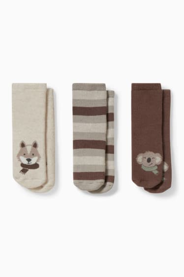 Bébés - Lot de 3 paires - animaux - chaussettes antidérapantes à motif pour bébé - marron