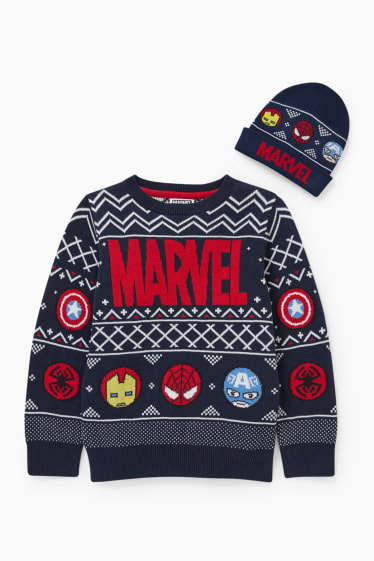 Enfants garçons - Marvel - ensemble - pullover et bonnet - deux pièces - bleu foncé