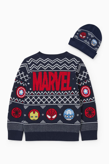 Enfants garçons - Marvel - ensemble - pullover et bonnet - deux pièces - bleu foncé