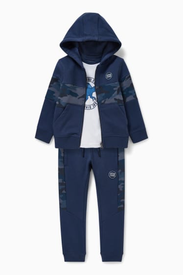 Niños - Set - sudadera con cremallera y capucha, camiseta de manga larga y pantalón de deporte - azul oscuro