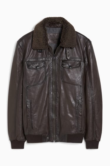 Men - Leather jacket with faux fur trim - dark brown