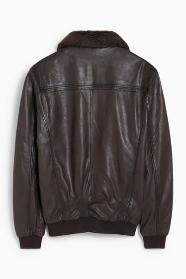 Men - Leather jacket with faux fur trim - dark brown