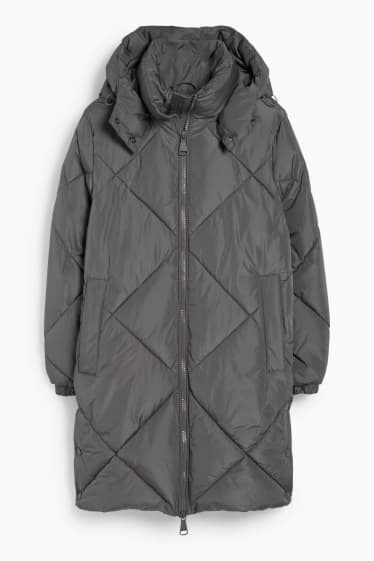 Women - Quilted coat with hood - dark gray