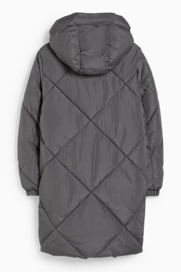 Women - Quilted coat with hood - dark gray