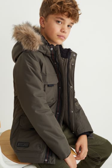 Children - Coat with hood and faux fur trim - khaki