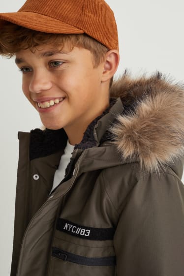 Children - Coat with hood and faux fur trim - khaki