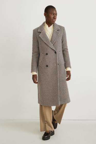 Women - Coat with shoulder pads - wool blend - check - beige