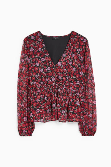 Tieners & jongvolwassenen - CLOCKHOUSE - blouse van chiffon - gebloemd - donkerrood / zwart