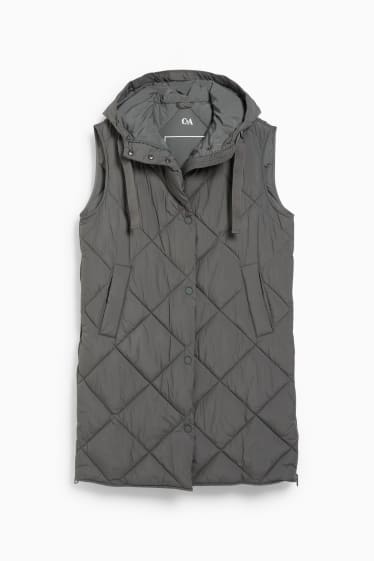 Women - Long quilted gilet with hood - dark green