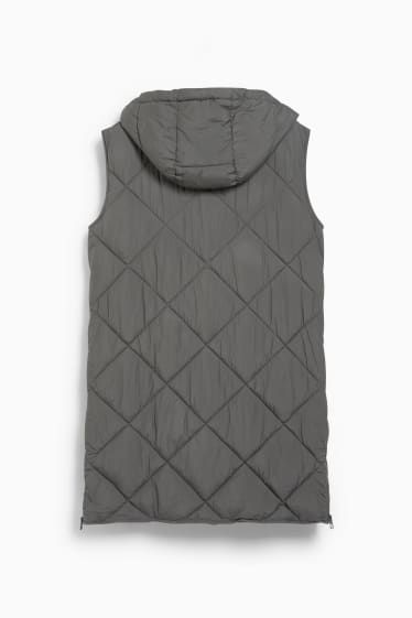 Women - Long quilted gilet with hood - dark green