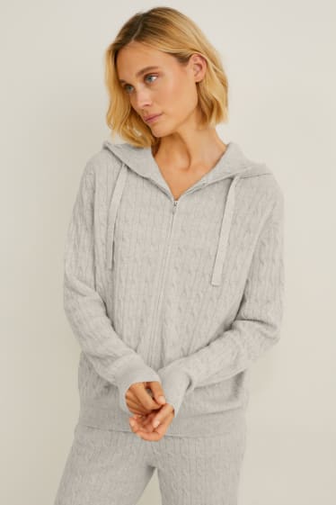 Damen - Kaschmir-Strickjacke mit Kapuze - Zopfmuster - weiss-melange