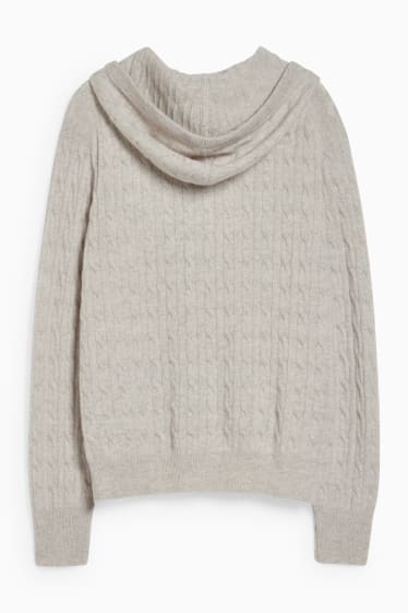 Damen - Kaschmir-Strickjacke mit Kapuze - Zopfmuster - weiss-melange
