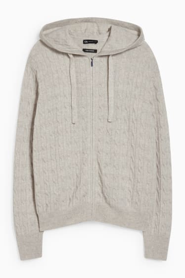 Damen - Kaschmir-Strickjacke mit Kapuze - Zopfmuster - weiss-melange