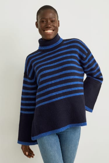 Women - Polo neck jumper - striped - dark blue