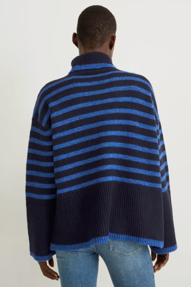 Women - Polo neck jumper - striped - dark blue