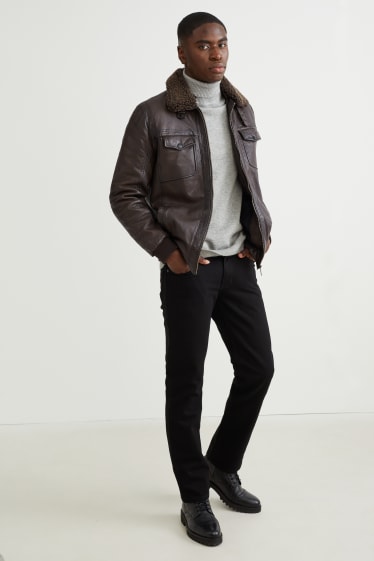 Men - Leather jacket with faux fur trim - dark brown