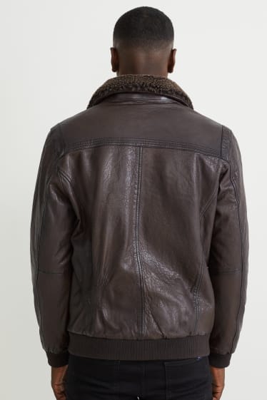 Men - Leather jacket with faux fur trim - dark brown