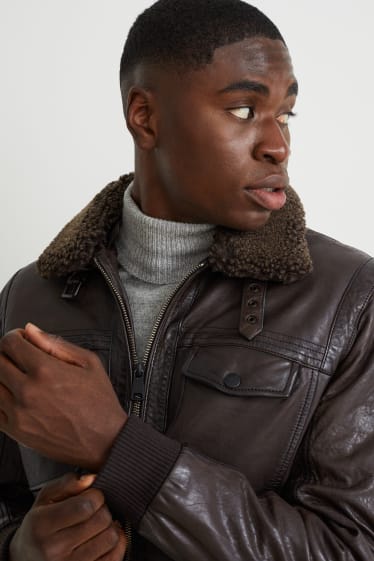 Men - Leather jacket with faux fur trim - dark brown