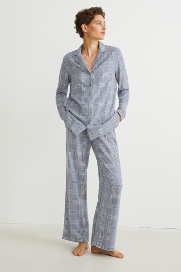 Damen - Pyjama - kariert - blau