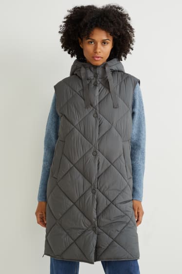 Women - Long quilted gilet with hood - dark green