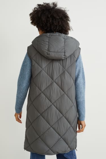 Women - Long quilted gilet with hood - dark green