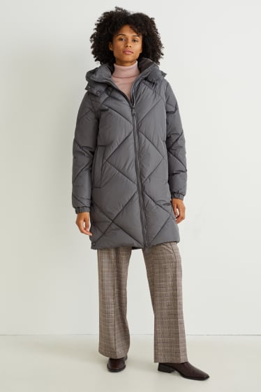 Women - Quilted coat with hood - dark gray