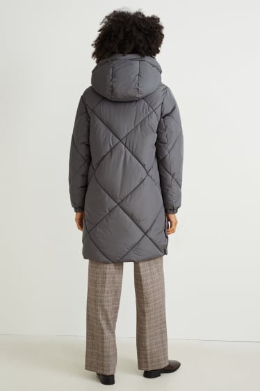 Women - Quilted coat with hood - dark gray